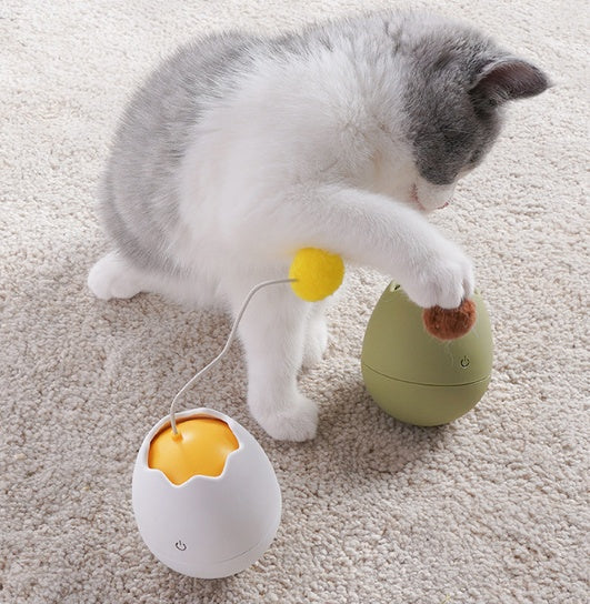 Cat playing with green and white interactive battery-powered toys