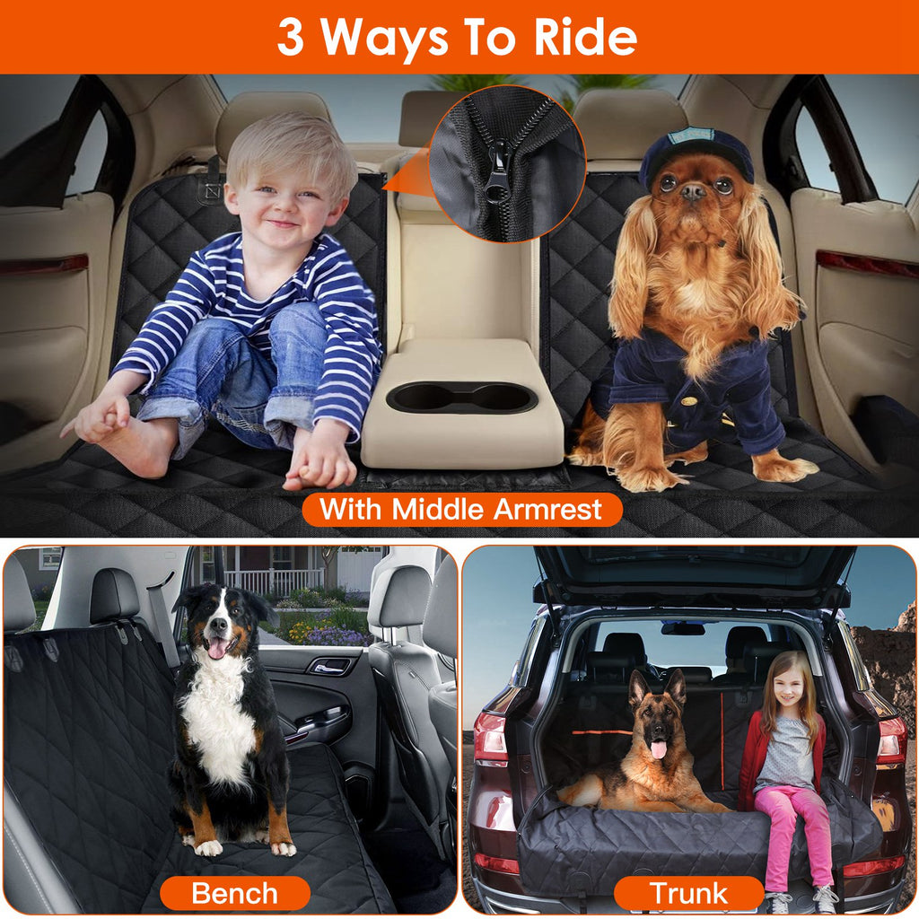 Pet back seat cover configured around a car's centre armrest