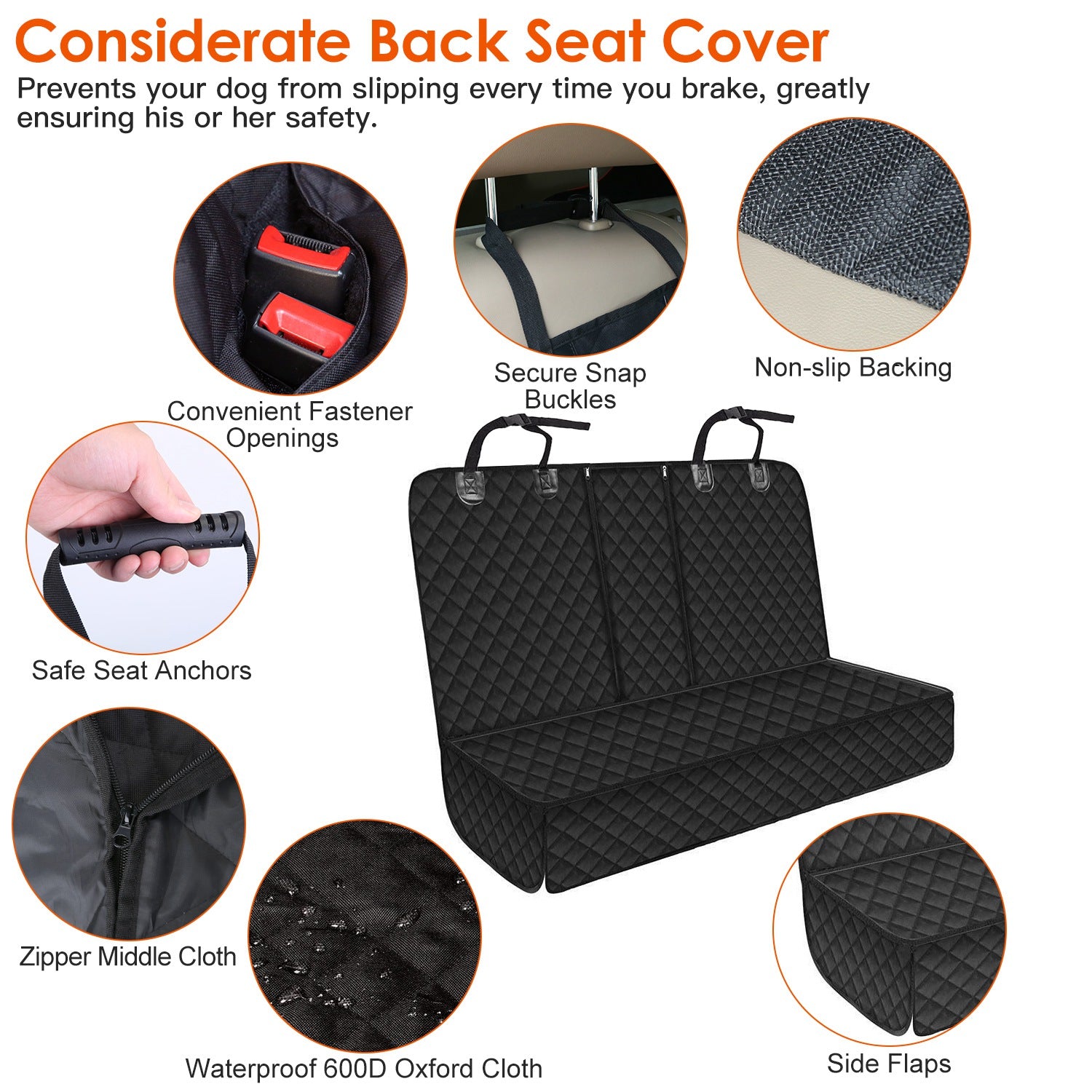 Seat anchors, non-slip backing and waterproof fabric details