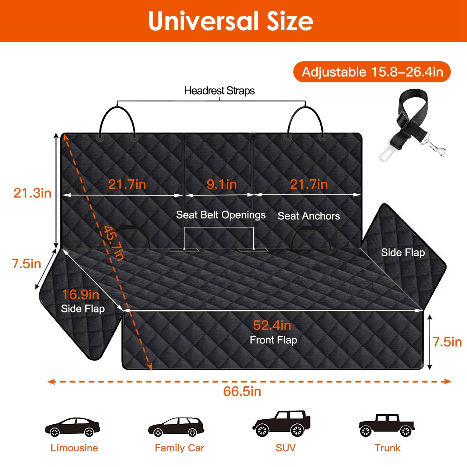 Pet back seat cover dimensions and adjustable safety belt
