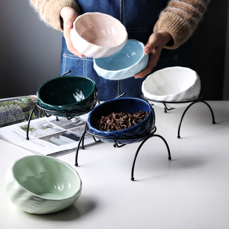 Sculpted ceramic pet bowls in six colours with optional stands