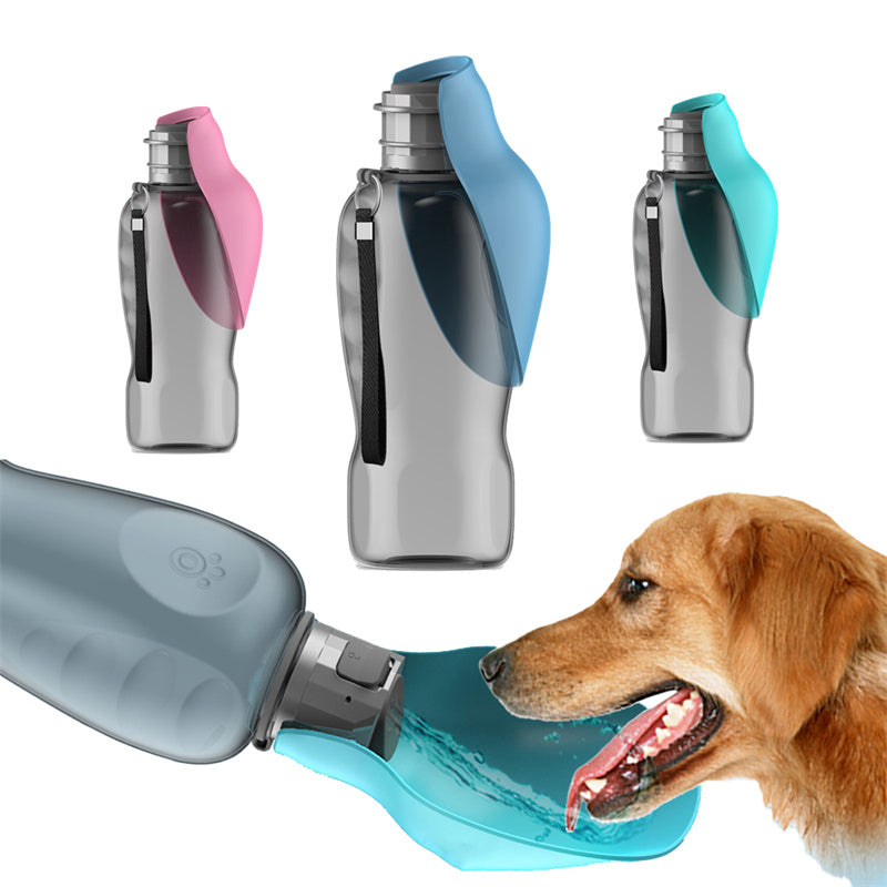 Portable dog water bottles in three colours with a dog drinking