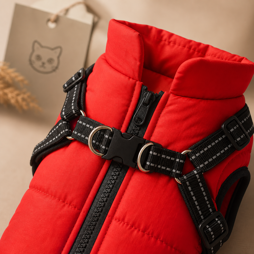 Tommy Murr waterproof dog winter coat harness and zipper close-up detail