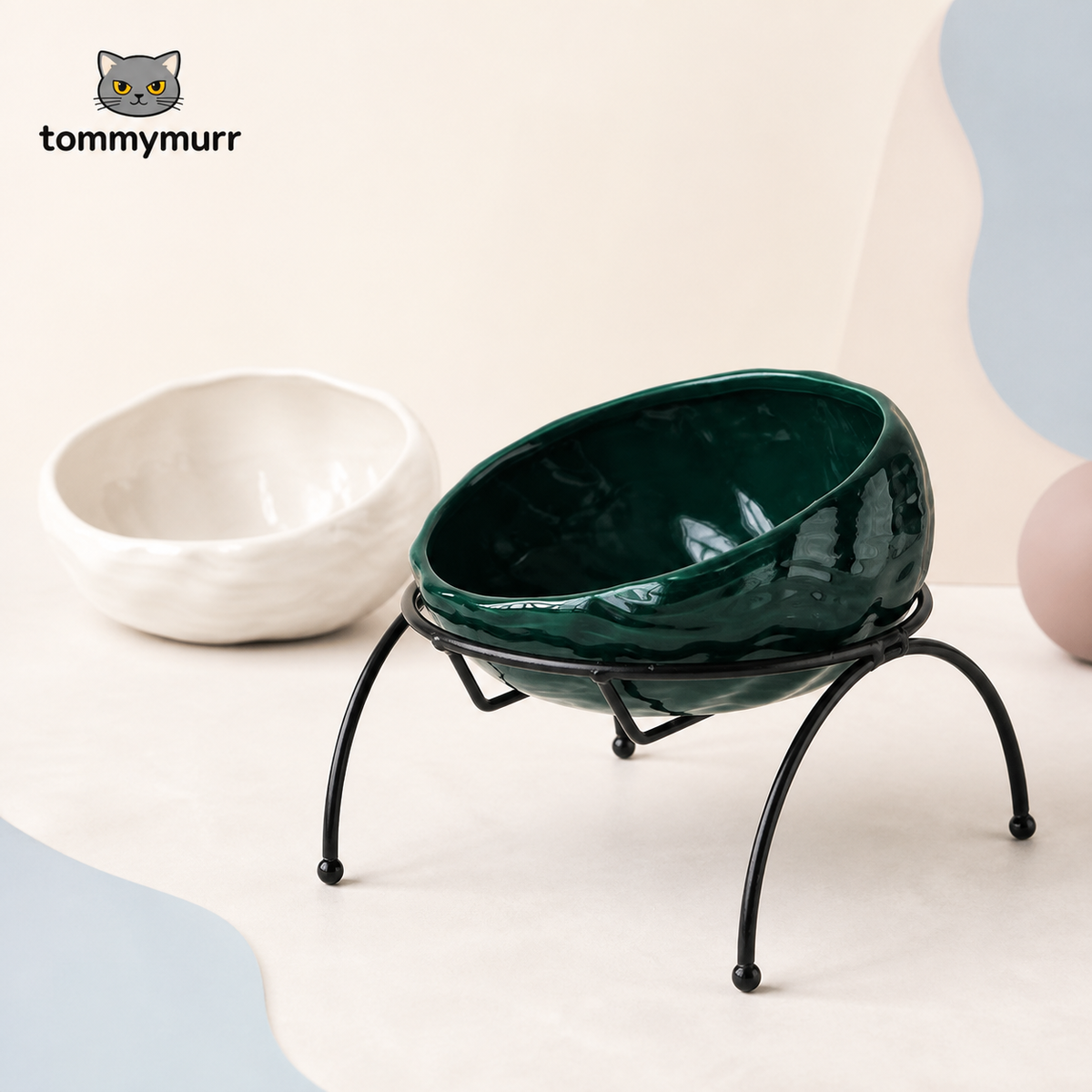 Tommy Murr elevated ceramic pet bowl with black metal stand