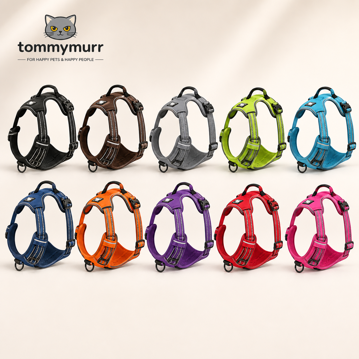 Tommy Murr reflective adjustable dog harness in ten colors