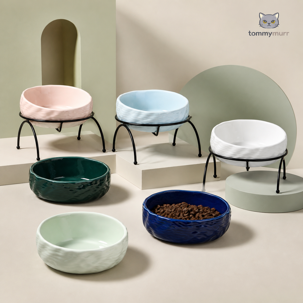 Tommy Murr sculpted ceramic pet bowls in six colours with optional stands