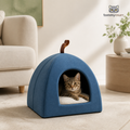 Tommy Murr soft pet hideaway in blue with a cat resting inside