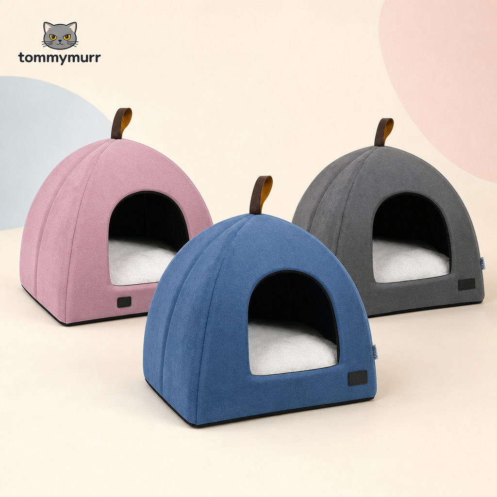 Tommy Murr velvet cave pet beds in blue, pink and grey