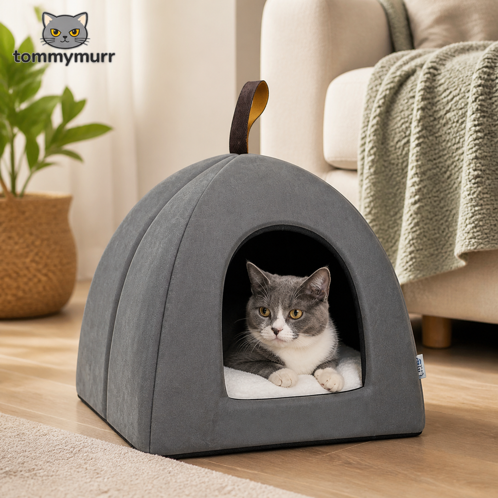 Cat resting inside a grey Tommy Murr velvet cave pet bed