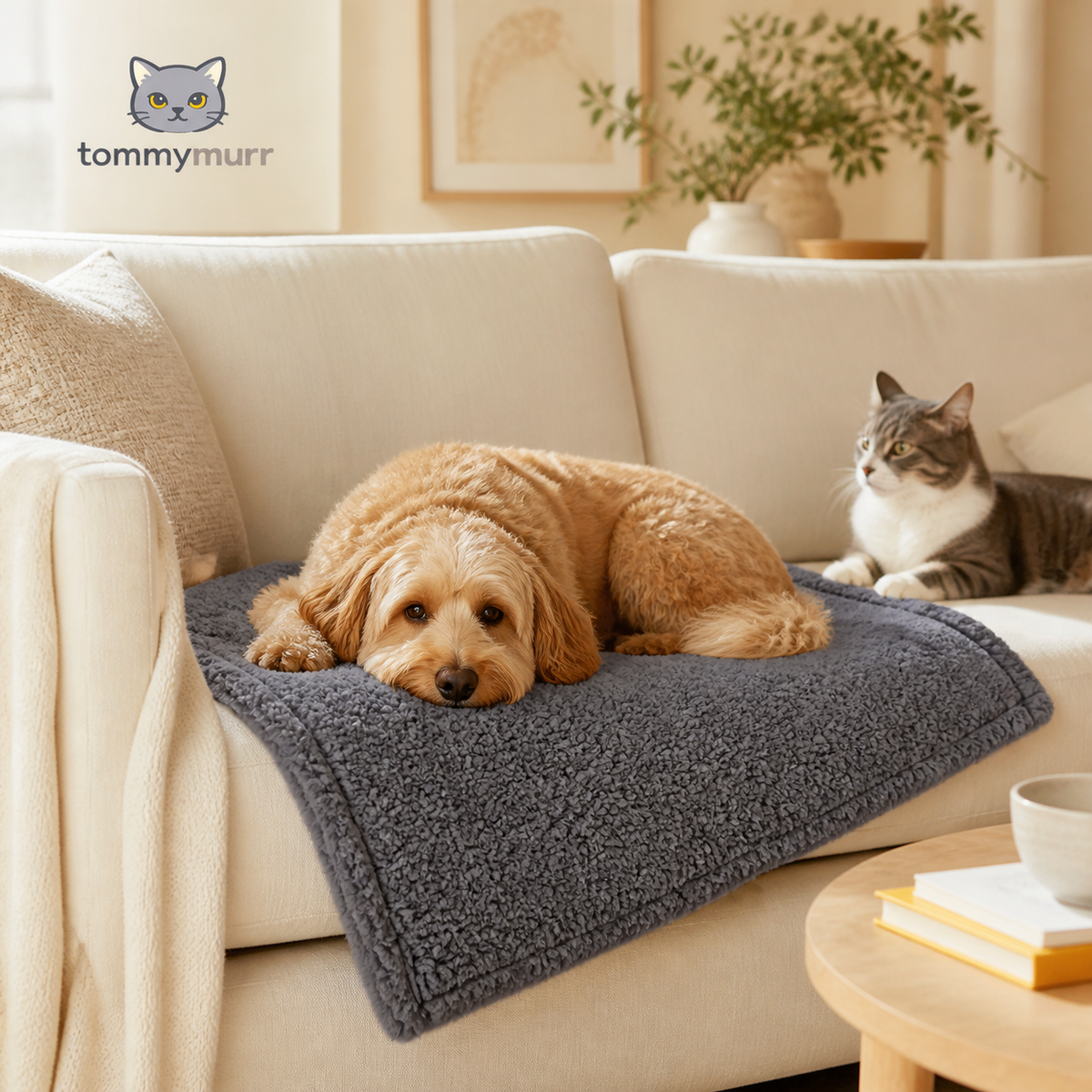 Tommy Murr gray washable pet blanket with dog resting on a sofa