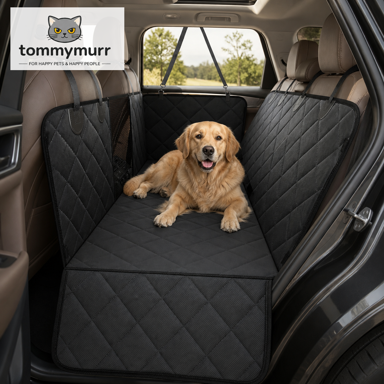 Tommy Murr waterproof dog back seat extender cover installed in an SUV