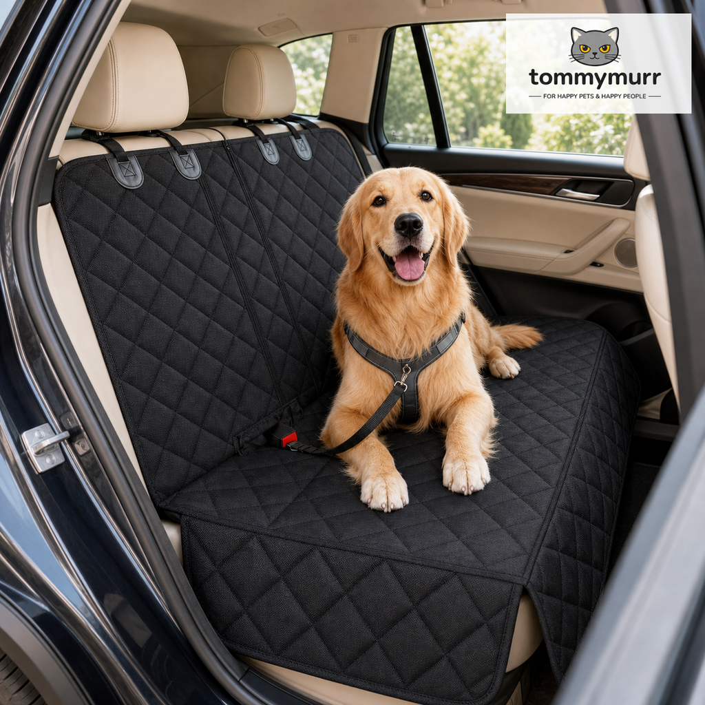 Tommy Murr waterproof pet back seat cover installed with harness safety tether