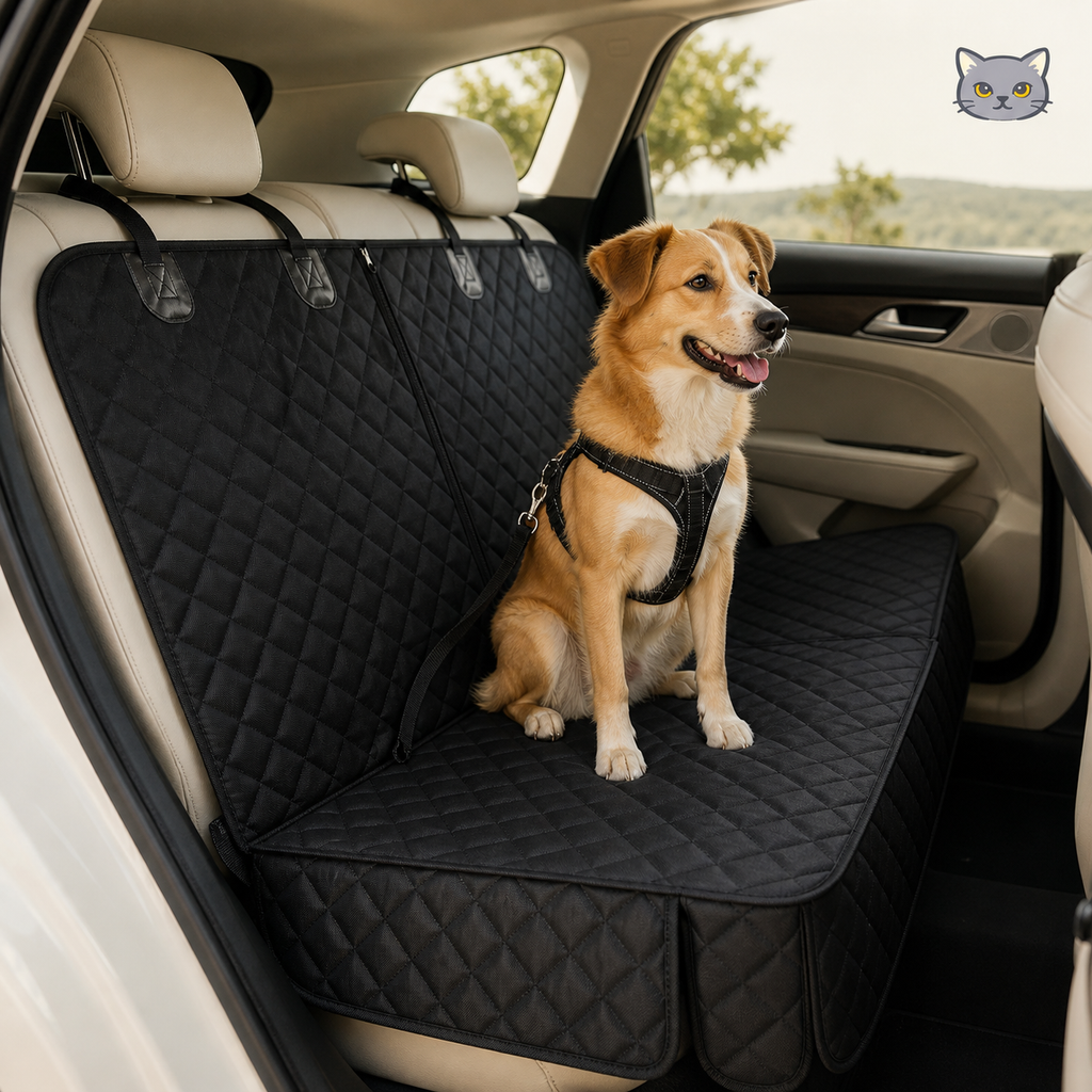 Tommy Murr waterproof pet back seat cover installed with a dog in a harness